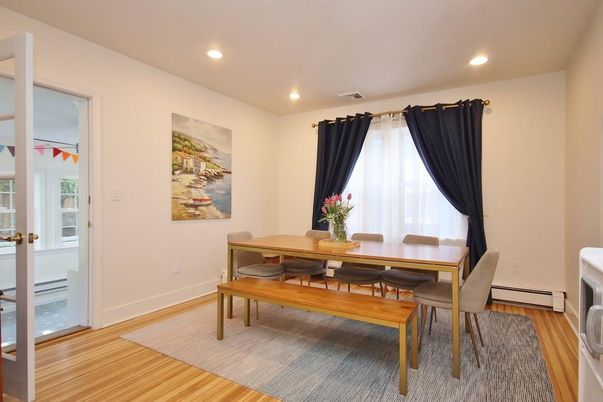Dining room, Interior, Recessed Lighting, Wood Texture Flooring