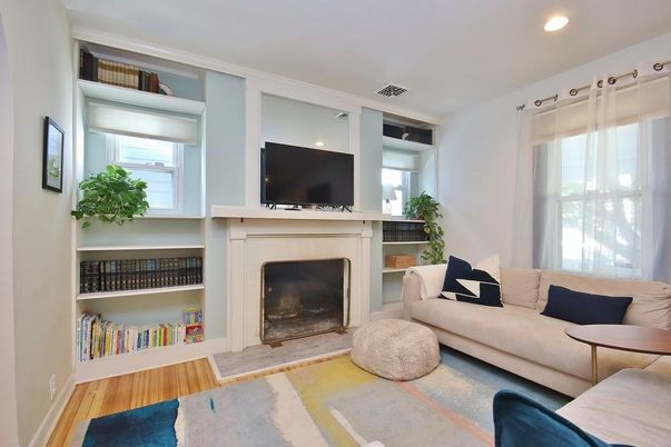 Fireplace, Interior, Living room, Recessed Lighting, Wood Texture Flooring