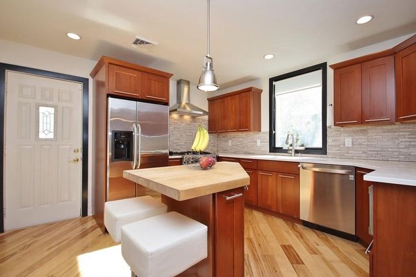 Interior, Kitchen, Pendant Lights, Recessed Lighting, Stainless Steel Appliances, Wood Texture Flooring