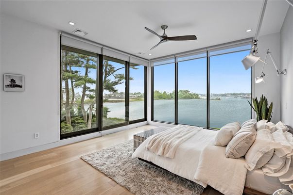 Bedroom, Interior, Recessed Lighting, Water, Wood Texture Flooring