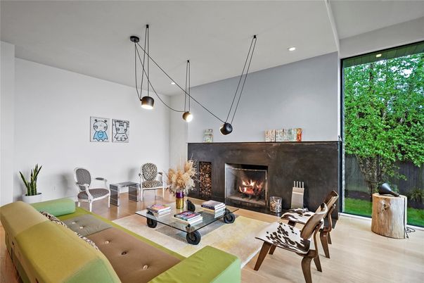 Fireplace, Interior, Living room, Pendant Lights, Recessed Lighting, Wood Texture Flooring