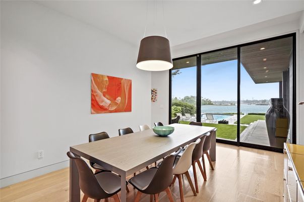 Dining room, Interior, Pendant Lights, Recessed Lighting, Water, Wood Texture Flooring