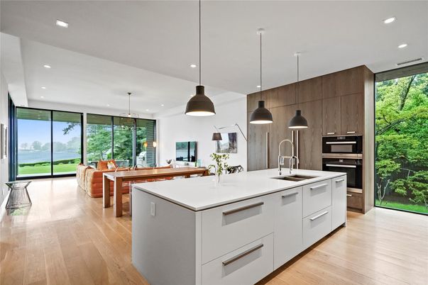 Dining room, Interior, Kitchen, Pendant Lights, Recessed Lighting, Water, Wood Texture Flooring