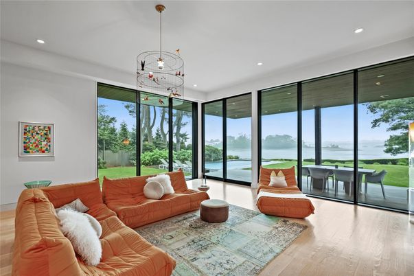 Interior, Living room, Pendant Lights, Recessed Lighting, Water, Wood Texture Flooring