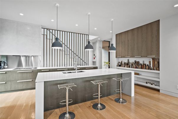 Interior, Kitchen, Pendant Lights, Recessed Lighting, Stainless Steel Appliances, Wood Texture Flooring