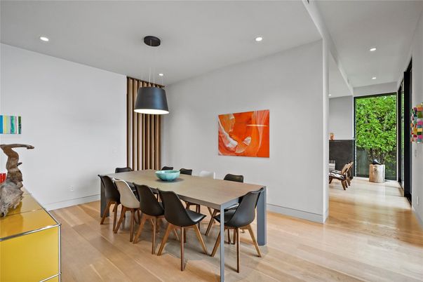 Dining room, Interior, Pendant Lights, Recessed Lighting, Wood Texture Flooring