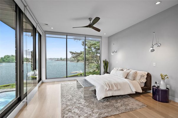 Bedroom, Interior, Pendant Lights, Recessed Lighting, Water, Wood Texture Flooring