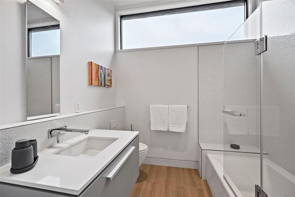 Bathroom, Glass Shower, Interior, Wood Texture Flooring