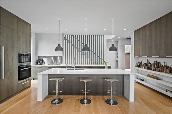 Interior, Kitchen, Pendant Lights, Recessed Lighting, Stainless Steel Appliances, Wood Texture Flooring