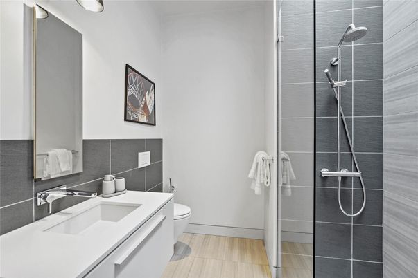 Bathroom, Glass Shower, Interior, Wood Texture Flooring