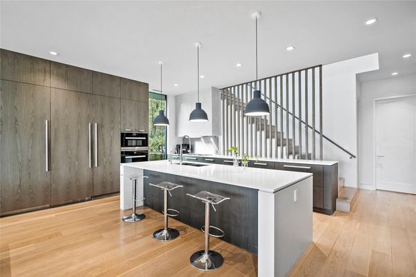 Interior, Kitchen, Pendant Lights, Recessed Lighting, Stainless Steel Appliances, Wood Texture Flooring
