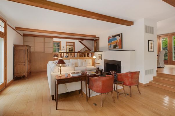 Fireplace, Interior, Living room, Wooden Beams, Wood Texture Flooring