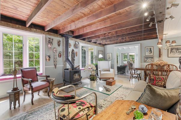 Dining room, Fireplace, Interior, Living room, Pendant Lights, Wooden Beams, Wooden Ceilings, Wood Texture Flooring