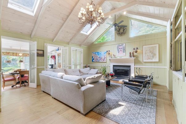 Chandelier, Dining room, Fireplace, Interior, Living room, Piano, Wooden Beams, Wooden Ceilings, Wood Texture Flooring
