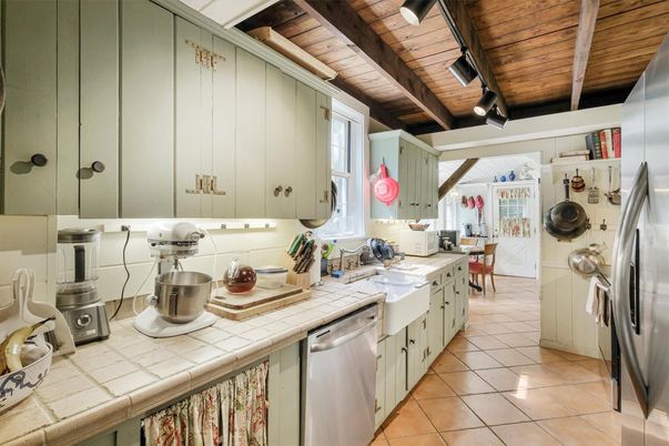Interior, Kitchen, Stainless Steel Appliances, Tile Countertops, Wooden Beams, Wooden Ceilings
