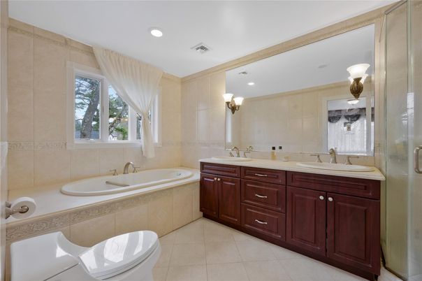 Bathroom, Dual Sink Vanities, Glass Shower, Interior, Recessed Lighting