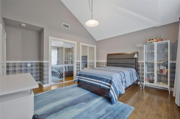 Bedroom, Interior, Pendant Lights, Wood Texture Flooring