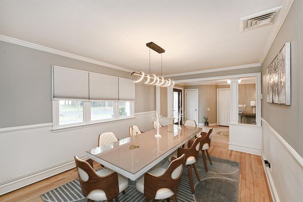 Dining room, Interior, Pendant Lights, Wood Texture Flooring