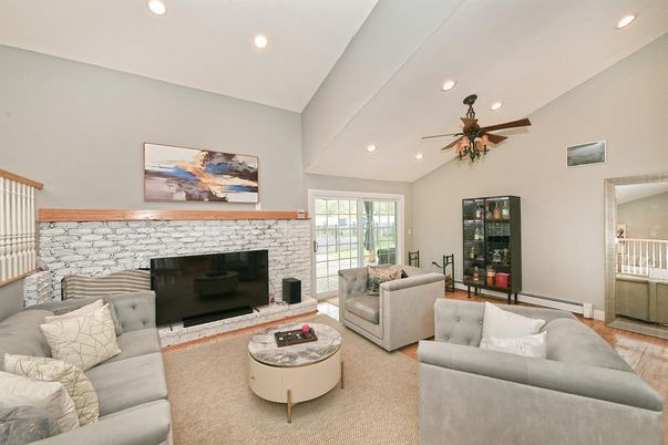 Fireplace, Interior, Living room, Recessed Lighting, Wood Texture Flooring