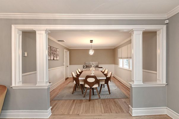 Dining room, Interior, Pendant Lights, Wood Texture Flooring