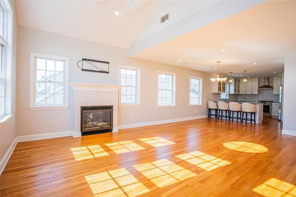 Fireplace, Interior, Kitchen, Pendant Lights, Recessed Lighting, Wood Texture Flooring