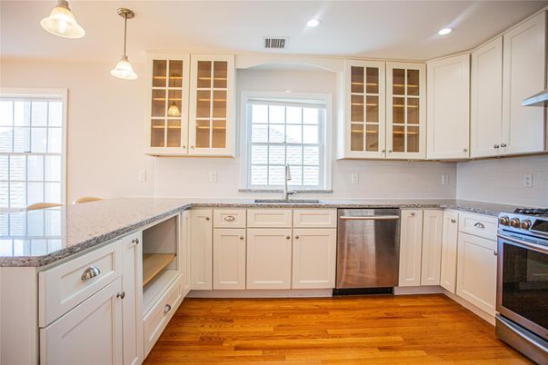 Interior, Kitchen, Pendant Lights, Recessed Lighting, Stainless Steel Appliances, Wood Texture Flooring