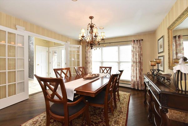 Chandelier, Dining room, Interior, Wood Texture Flooring