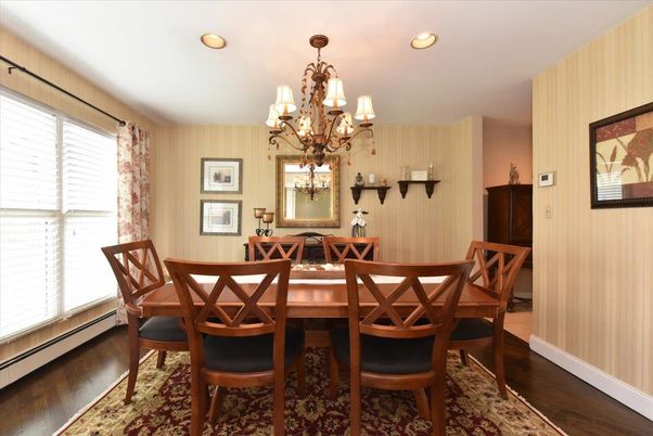 Chandelier, Dining room, Interior, Recessed Lighting, Wood Texture Flooring