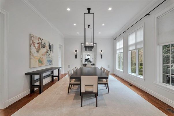 Dining room, Interior, Pendant Lights, Recessed Lighting, Wood Texture Flooring