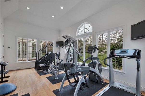 Fitness Equipment, Gym, Interior, Recessed Lighting, Wood Texture Flooring