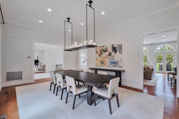 Dining room, Interior, Living room, Pendant Lights, Recessed Lighting, Wood Texture Flooring