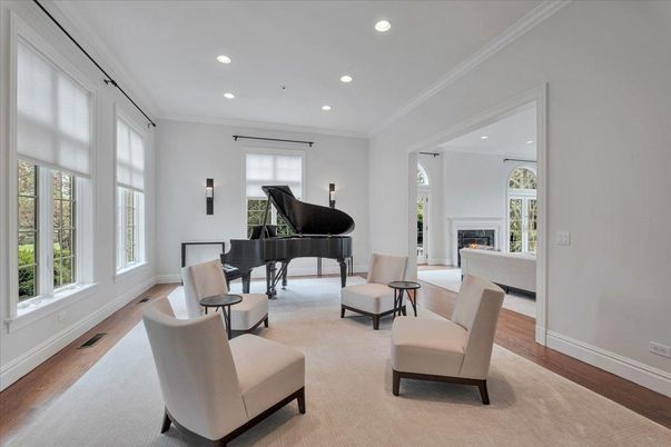 Fireplace, Interior, Living room, Piano, Recessed Lighting, Wood Texture Flooring