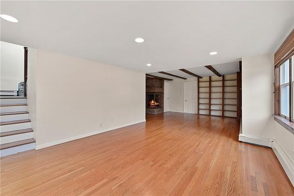 Empty room, Fireplace, Interior, Recessed Lighting, Wood Texture Flooring
