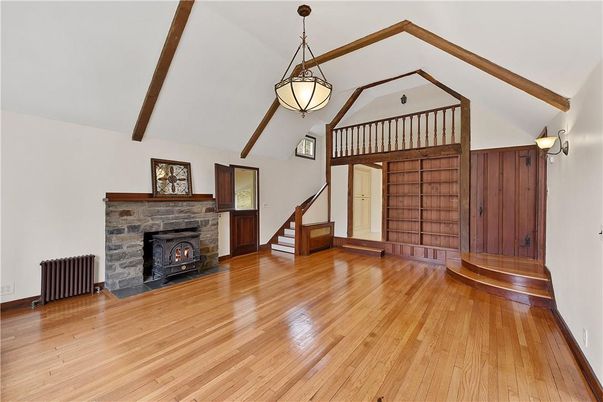 Empty room, Fireplace, Interior, Pendant Lights, Wooden Beams, Wood Texture Flooring