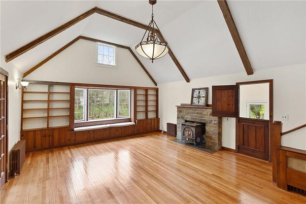 Empty room, Fireplace, Interior, Pendant Lights, Wooden Beams, Wood Texture Flooring