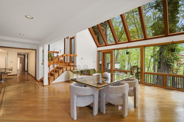 Dining room, Glass Ceilings, Interior, Recessed Lighting, Wood Texture Flooring
