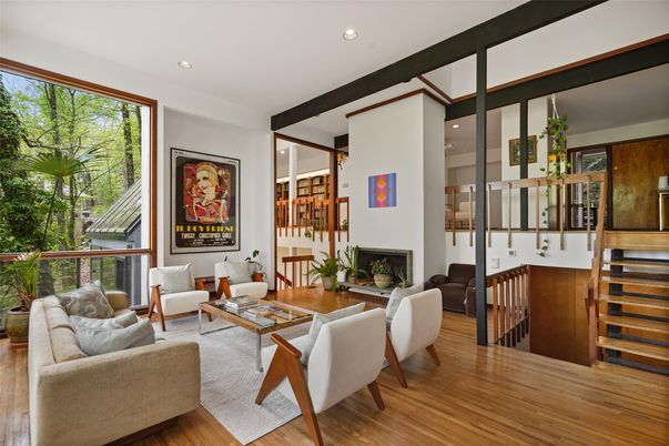 Fireplace, Interior, Living room, Recessed Lighting, Wood Texture Flooring