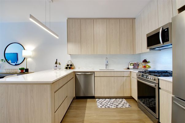 Interior, Kitchen, Pendant Lights, Stainless Steel Appliances, Wood Texture Flooring