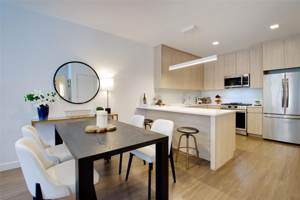Dining room, Interior, Kitchen, Pendant Lights, Recessed Lighting, Stainless Steel Appliances, Wood Texture Flooring