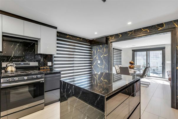 Dining room, Interior, Kitchen, Marble Walls, Recessed Lighting, Stainless Steel Appliances