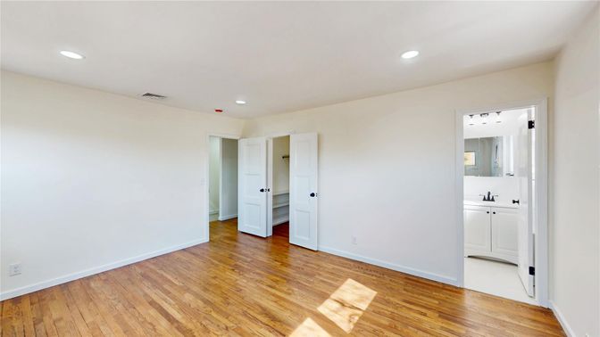 Bathroom, Empty room, Interior, Recessed Lighting, Wood Texture Flooring