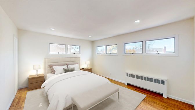 Bedroom, Interior, Recessed Lighting, Wood Texture Flooring