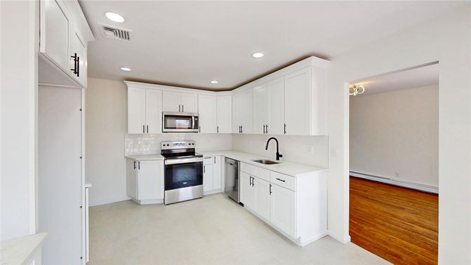 Interior, Kitchen, Recessed Lighting, Stainless Steel Appliances, Wood Texture Flooring