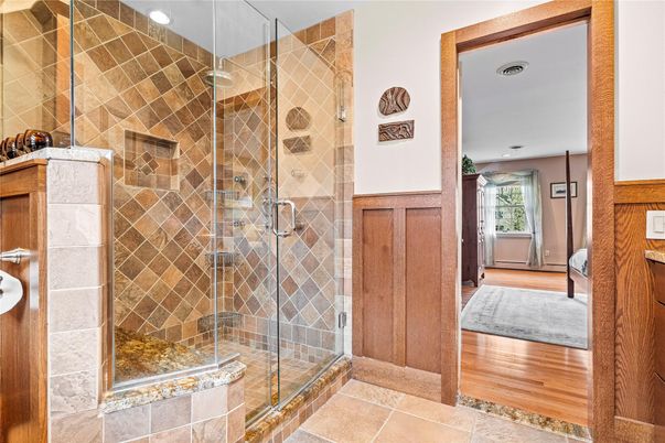 Bathroom, Glass Shower, Interior, Recessed Lighting, Wood Texture Flooring