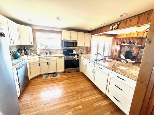 Interior, Kitchen, Recessed Lighting, Stainless Steel Appliances, Wood Texture Flooring