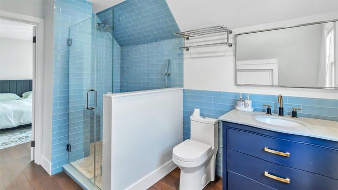 Bathroom, Bedroom, Glass Shower, Interior, Wood Texture Flooring