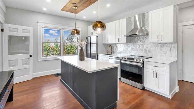 Interior, Kitchen, Pendant Lights, Recessed Lighting, Stainless Steel Appliances, Wood Texture Flooring