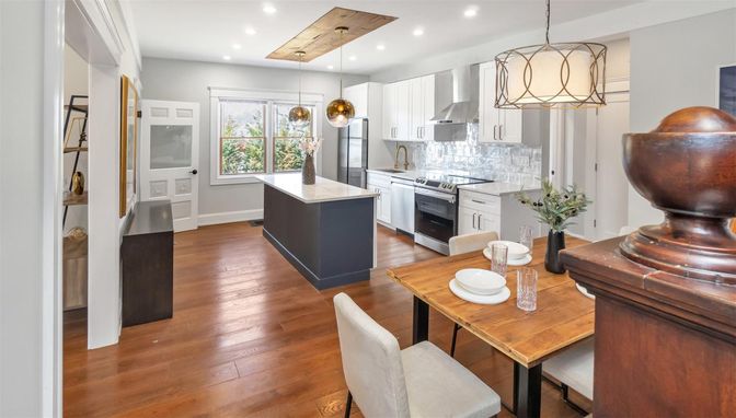 Dining room, Interior, Kitchen, Pendant Lights, Recessed Lighting, Stainless Steel Appliances, Wood Texture Flooring