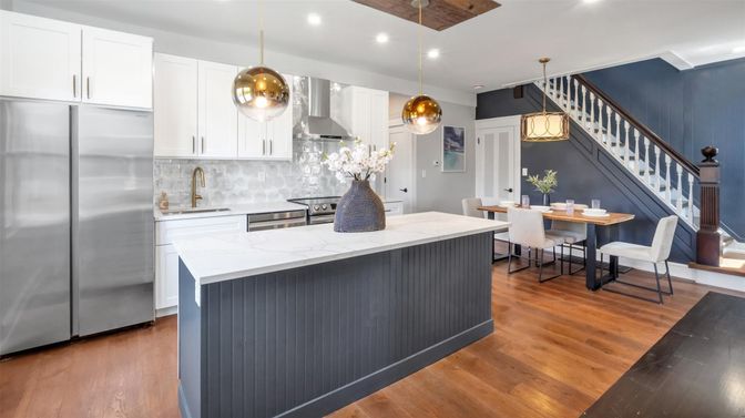 Dining room, Interior, Kitchen, Pendant Lights, Recessed Lighting, Stainless Steel Appliances, Wood Texture Flooring