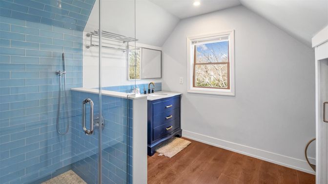 Bathroom, Glass Shower, Interior, Recessed Lighting, Wood Texture Flooring